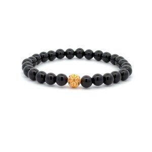 18K Gold Ball Coin Lucky Charm Bracelet Natural Obsidian Gemstones  5.5-6mm